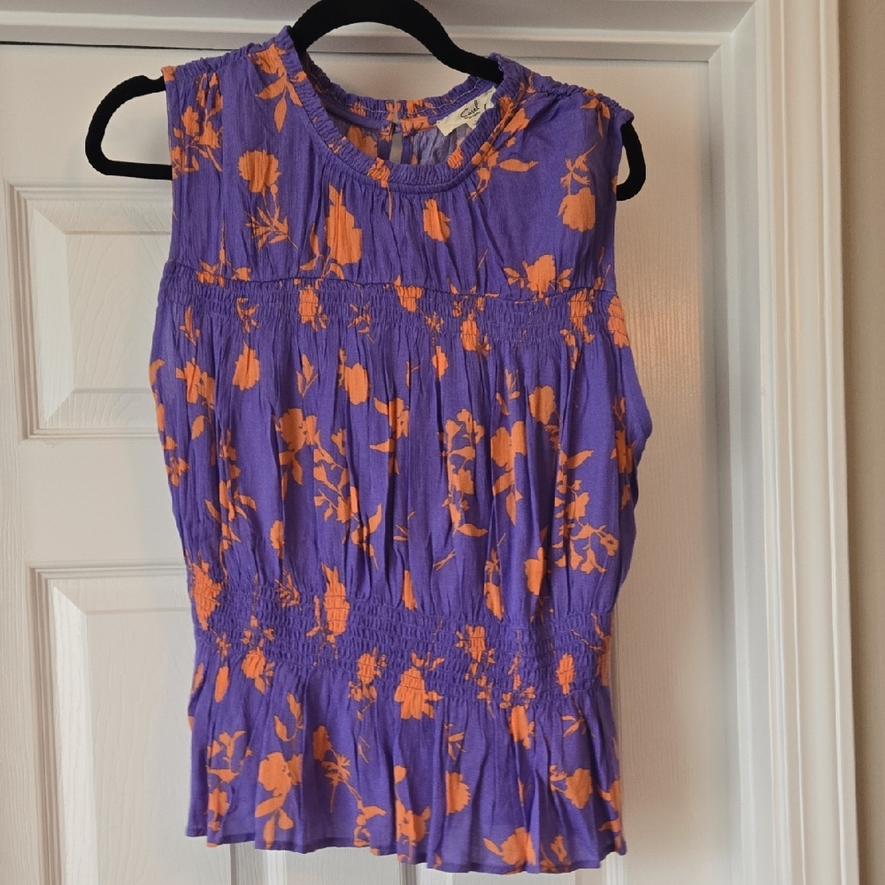 easel Purple & Orange Floral Smocked Sleeveless Camisole